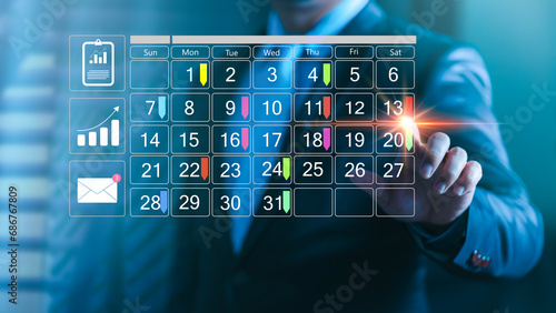 Businessman manages time for effective work. Businessman with calendar meeting schedule marking note target date appointing reminder appointment calendar for organizer agenda time. schedule activity. photo