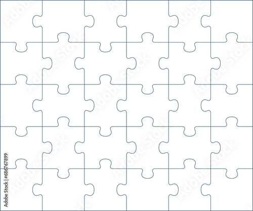 Puzzle blank pieces template or cutting outline guidelines of 30 pieces, 6 x 5 tiles vector jigsaw game photo