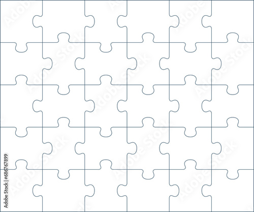 Puzzle blank pieces template or cutting outline guidelines of 30 pieces, 6 x 5 tiles vector jigsaw game