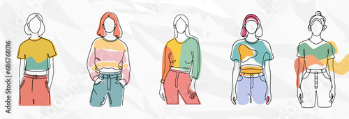Bundle mit Frauen in bunten Oberteilen als künstlerische Lineart-Illustrationen