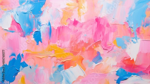 a textured abstract painting in pink, blue, and orange, where the thick impasto paint adds depth and character. The bold colors and tactile surface beg for a closer look. photo