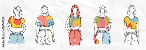 Lebendige Musterpracht: Bundle mit Frauen in Crop Tops mit bunten Mustern als künstlerische Lineart-Illustrationen
