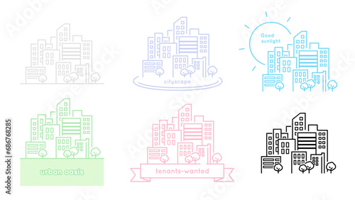 シンプルなビルの並ぶフレームのイラスト素材セット