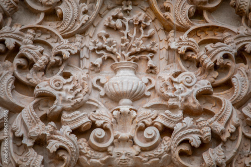 Detail of one of the baroque reliefs on the façade of the Santurario de la Fuensanta in Murcia, Spain