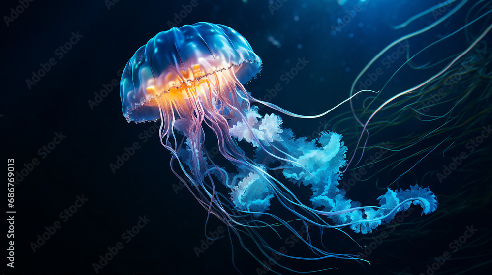 Bioluminescent Jellyfish Illuminating the Dark Ocean Depths Background Bioluminescent Jellyfish Illuminating the Dark Ocean Depths Background