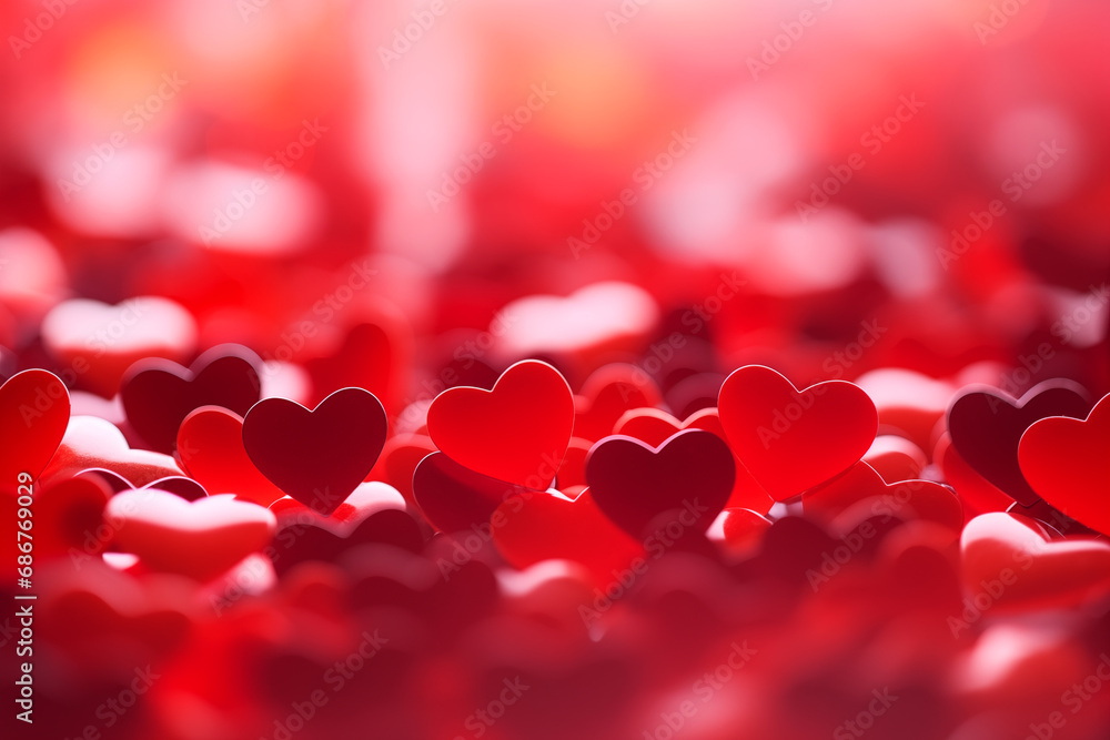 Valentine's Day card. Beautiful background with red hearts, lights, sparkles and bokeh.
