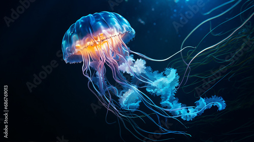 Bioluminescent Jellyfish Illuminating the Dark Ocean Depths Background © Michael