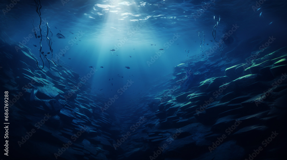 Naklejka premium Dark Blue Ocean Floor with Mysterious Underwater Creatures Background