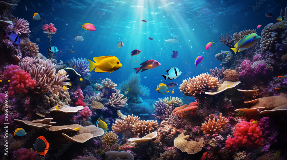 Coral Garden Teeming with Colorful Fish Background