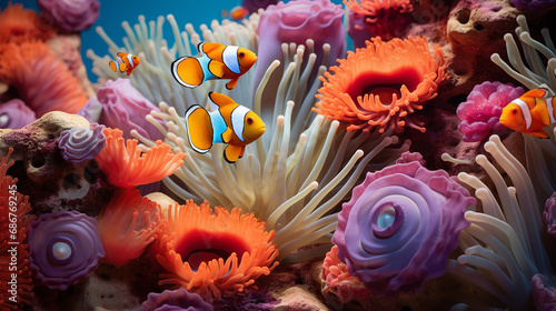 Colorful Sea Anemones Hosting Clownfish in Vibrant Coral Background