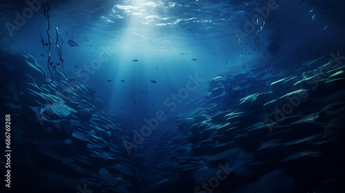 Dark Blue Ocean Floor with Mysterious Underwater Creatures Background