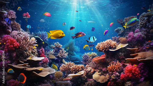 Coral Garden Teeming with Colorful Fish Background