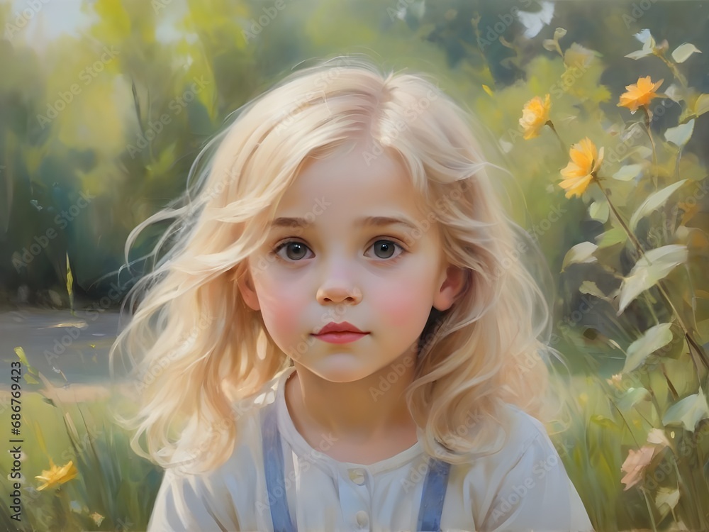 A cute little girl with blonde hair outside. Beautiful impressionist style portrait of a girl. Generative AI A cute little girl with blonde hair outside. Beautiful impressionist style portrait of a girl. Generative AI