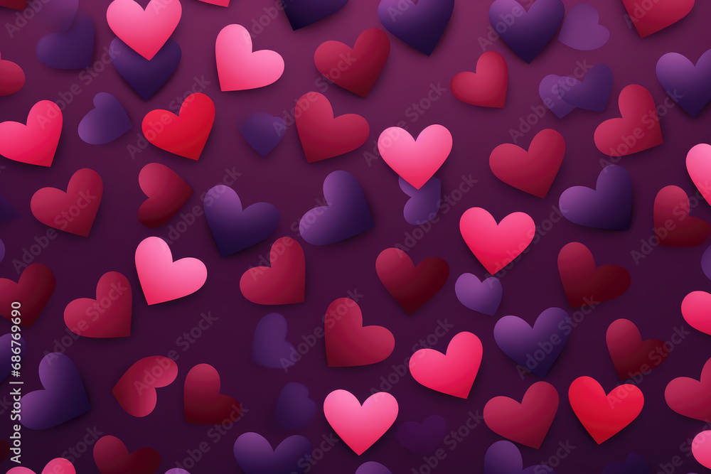 Purple, red, pink hearts pattern background. Valentine's Day card.