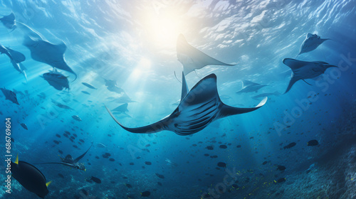 Giant Manta Rays Gliding Through Open Ocean Background