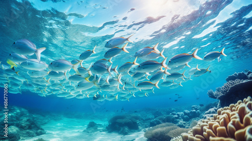 Schools of Tropical Fish Swimming in Clear Ocean Waters Background