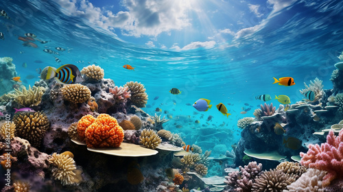 Submerged Coral Reef with Colorful Marine Life Background