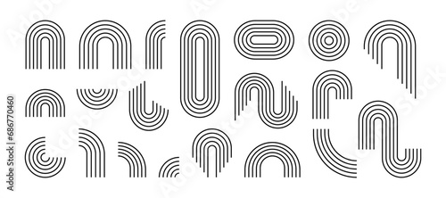 Boho zen arch set. Minimal boho arch. Simple line rainbows. Vector abstract shape, outline arc. Modern trendy decorative element rainbow arc collection. Contemporary nursery bohemian illustrations.