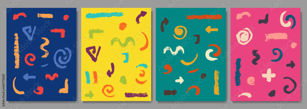 Fototapeta premium Vector illustration. Hand drawn background. Memphis pattern. Fashion 50s, 60s. Retro funky graphic. Design elements for print, poster, book or magazine cover, layout, brochure. Contemporary modern art