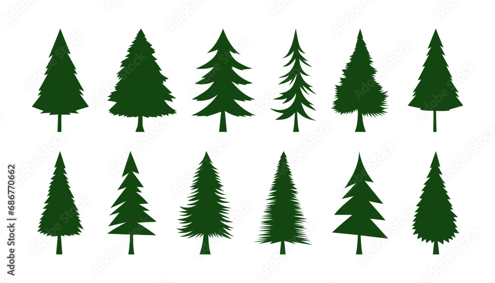 Green silhouettes of Christmas trees. New Year's decorative elements of nature and forest. Pine, fir, spruce illustrations. Set hand drawn simple silhouette of Christmas tree for winter holidays.