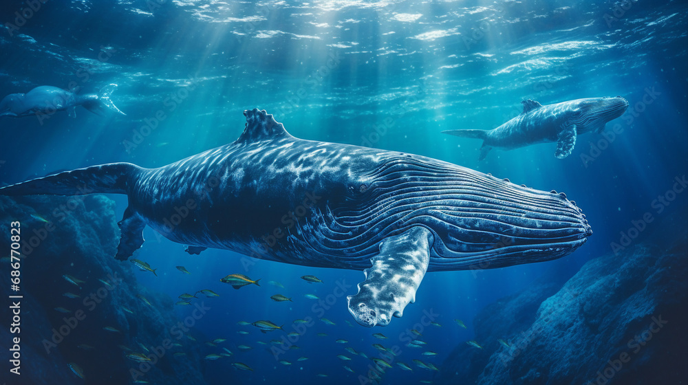 Fototapeta premium Whales Gliding Through the Deep Blue Ocean Depths Background