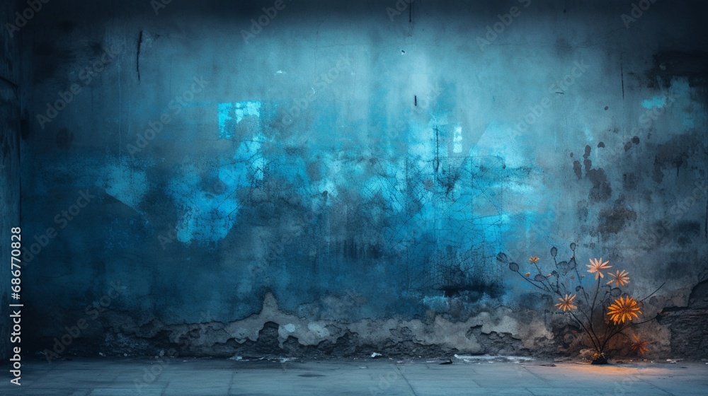 the vibrant gradient blue graffiti stands out as a beacon of artistic expression, contrasted against the worn and weathered texture of a ruined plaster wall.