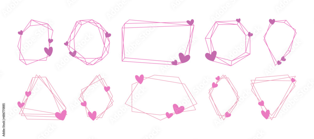 Pink polygonal geometric frames set. Decorative lines borders with hearts, festive decoration. Line frames for Valentine's day, for wedding invitation card, celebration and holidays, poster and banner Pink polygonal geometric frames set. Decorative lines borders with hearts, festive decoration. Line frames for Valentine's day, for wedding invitation card, celebration and holidays, poster and banner