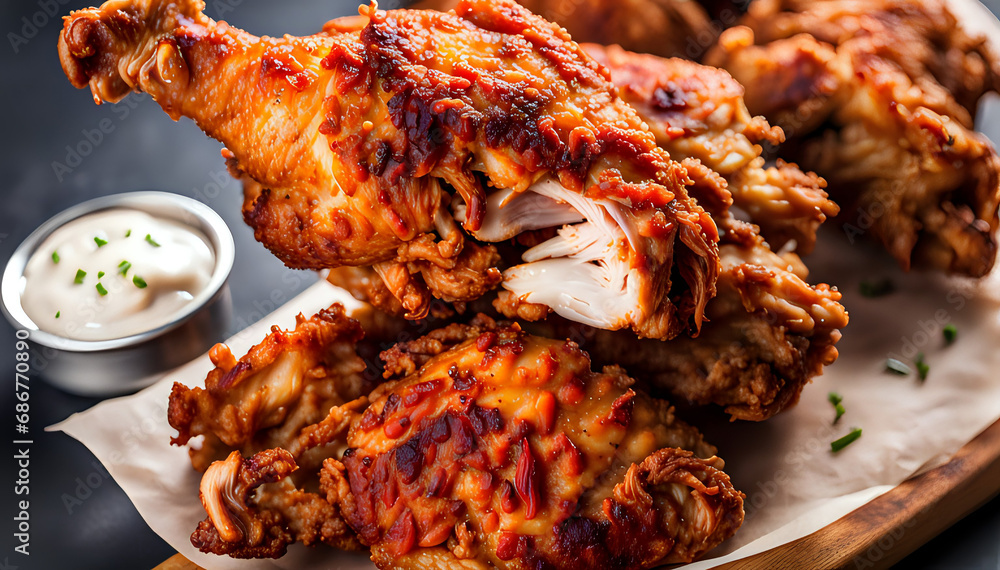 Tasty fried chicken closeup - set composition of food photography.