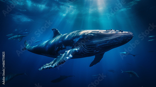 Whales Gliding Through the Deep Blue Ocean Depths Background © Michael