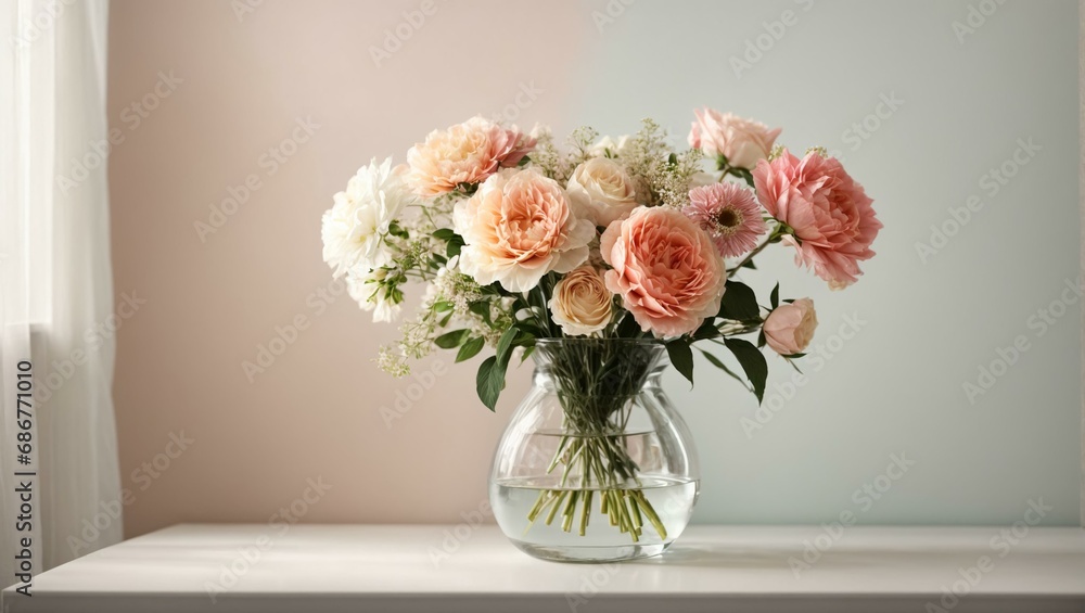 There is a vase of flowers by the light orange wall There is a vase of flowers by the light orange wall