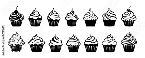 Set of black cupcakes, muffin logo. Pastry shop logo. Vector illustrations isolated on white background. Can be used as icon, sign or symbol - cupcake silhouette, cake, sweet pastries, muffin. photo