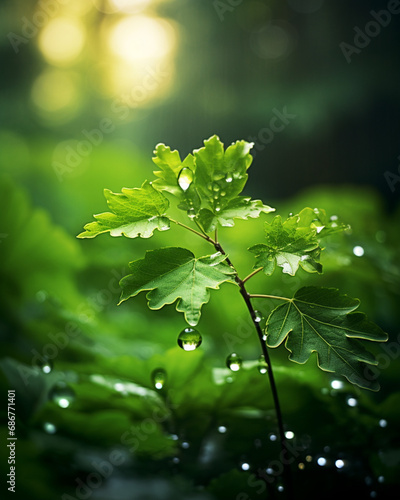 the serene beauty of a lush forest during a misty morning with a macro lens, highlighting the intricate details of dew-covered leaves and the play of light and shadow created with Generative Ai