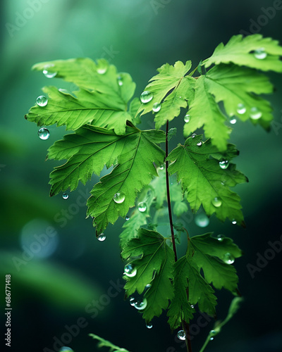 the serene beauty of a lush forest during a misty morning with a macro lens, highlighting the intricate details of dew-covered leaves and the play of light and shadow created with Generative Ai