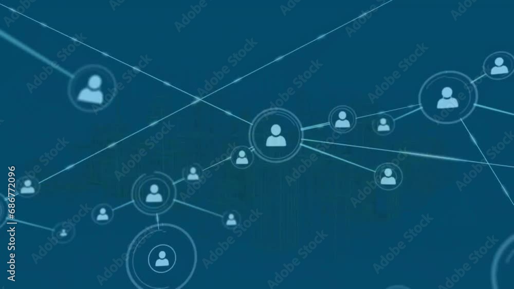 Animation of connected profile icons and computer language over blue background Animation of connected profile icons and computer language over blue background