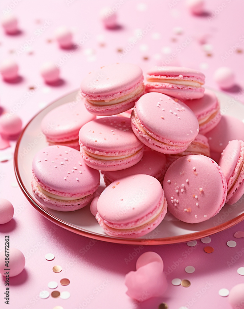 pink macarons topped with sprinkles on a plate, in the style of confetti-like dots created with Generative Ai pink macarons topped with sprinkles on a plate, in the style of confetti-like dots created with Generative Ai