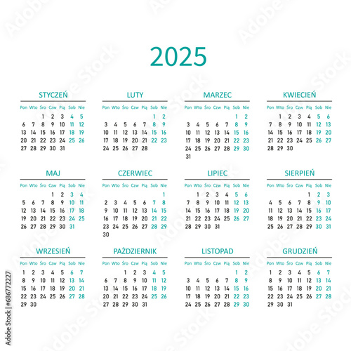 2025 calendar minimalist on polish language. Poland calendar. Week starts from Monday. Vector graphic.