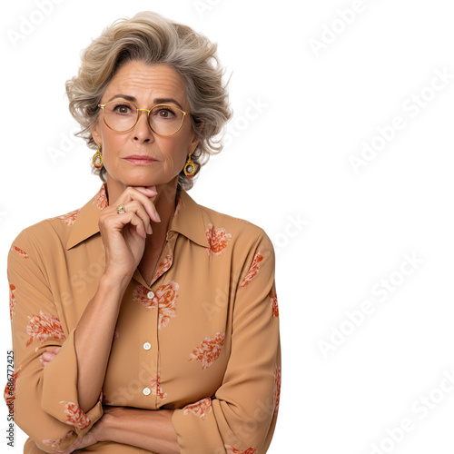 portrait of a senior woman resting her chin on her hand while thinking