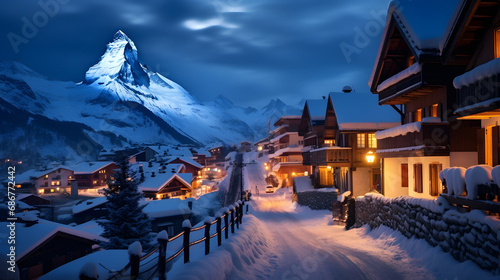 Beautiful alpine village in winter Christmas with snow covered mountains at sunset
