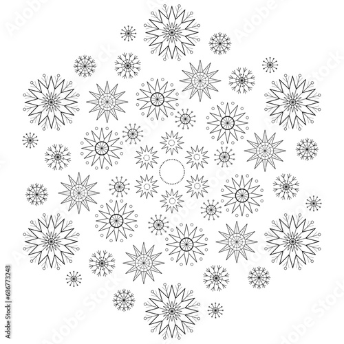 Many snowflakes on white background. Monochrome decorative design element. Mandala ornament vector illustration. Coloring page design. Black and white tattoo. 