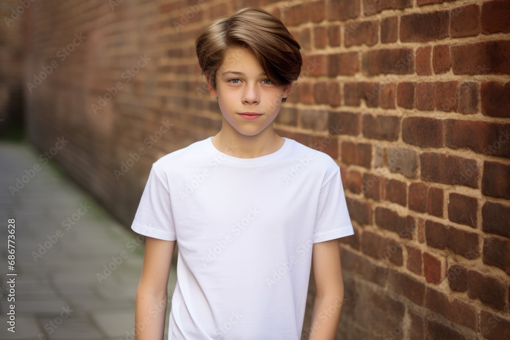 White blank t shirt mock up. Boy brick wall background White blank t shirt mock up. Boy brick wall background