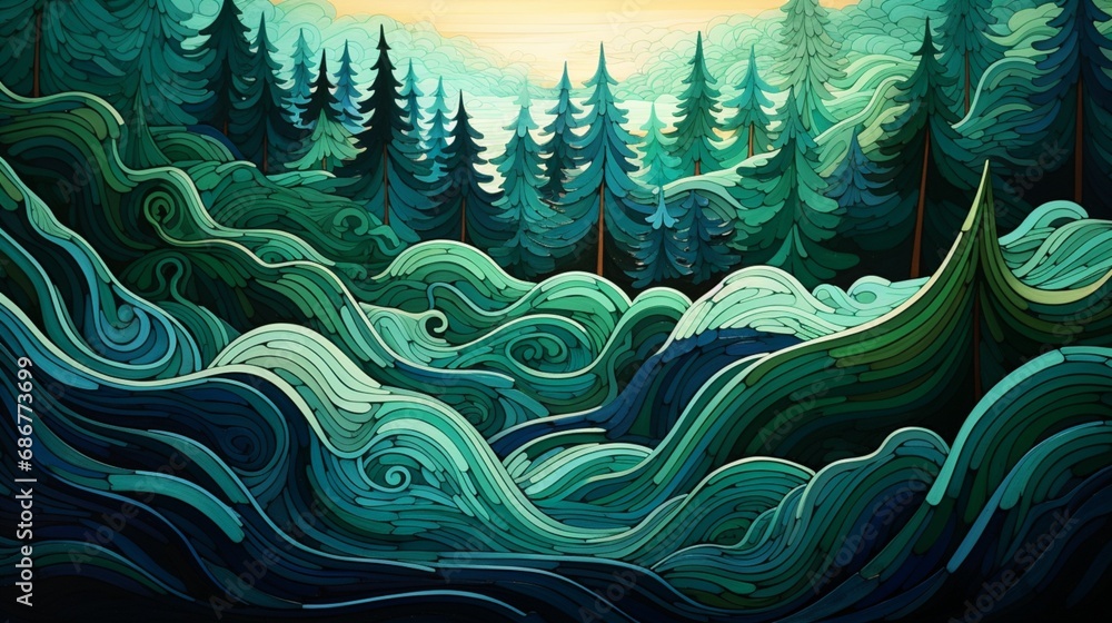 waves in shades of emerald and forest green, reminiscent of a tranquil forest glade. - obrazy, fototapety, plakaty 