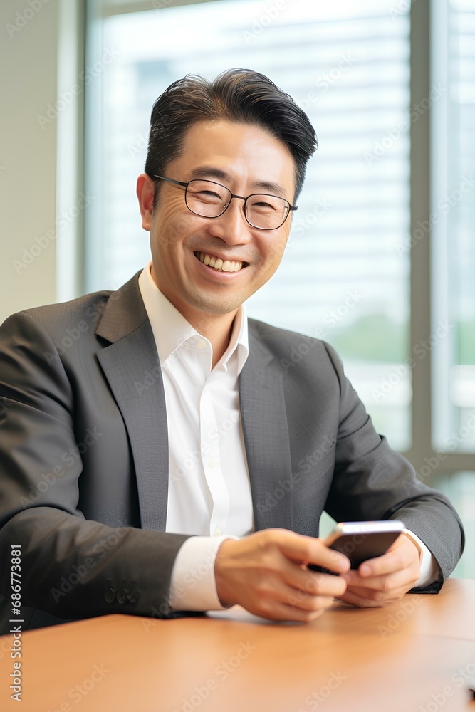 Happy japanese business man holding phone using cellphone in office. Smiling professional asian businessman executive using smartphone cell mobile apps on cellphone working sitting at desk. generative Happy japanese business man holding phone using cellphone in office. Smiling professional asian businessman executive using smartphone cell mobile apps on cellphone working sitting at desk. generative