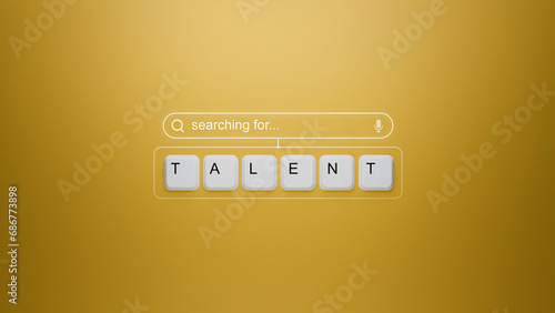 Keyboard keys spelling TALENT on a vibrant yellow background with a digital search bar graphic, seeking out innate abilities and potential recruits