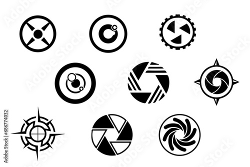 Camera shutter and lens icon diaphragm. Camera shutter and camera lens icon collection. Black white lens aperture. Vector illustration