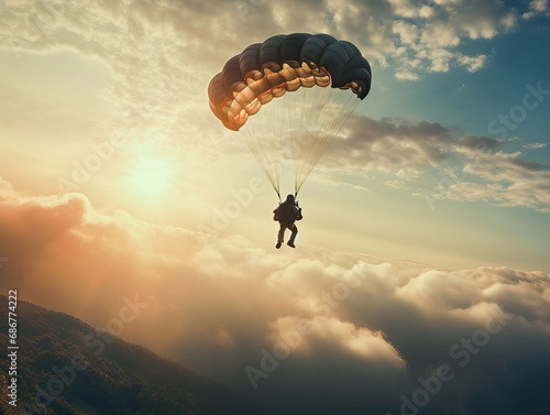 A man on a large parachute descends to the ground. 