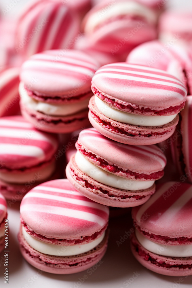 pink and white striped macaroons on a white surface, in the style of dark red and light crimson, monochromatic created with Generative Ai