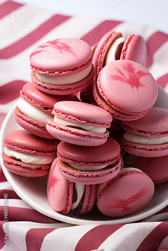 pink and white striped macaroons on a white surface, in the style of dark red and light crimson, monochromatic created with Generative Ai