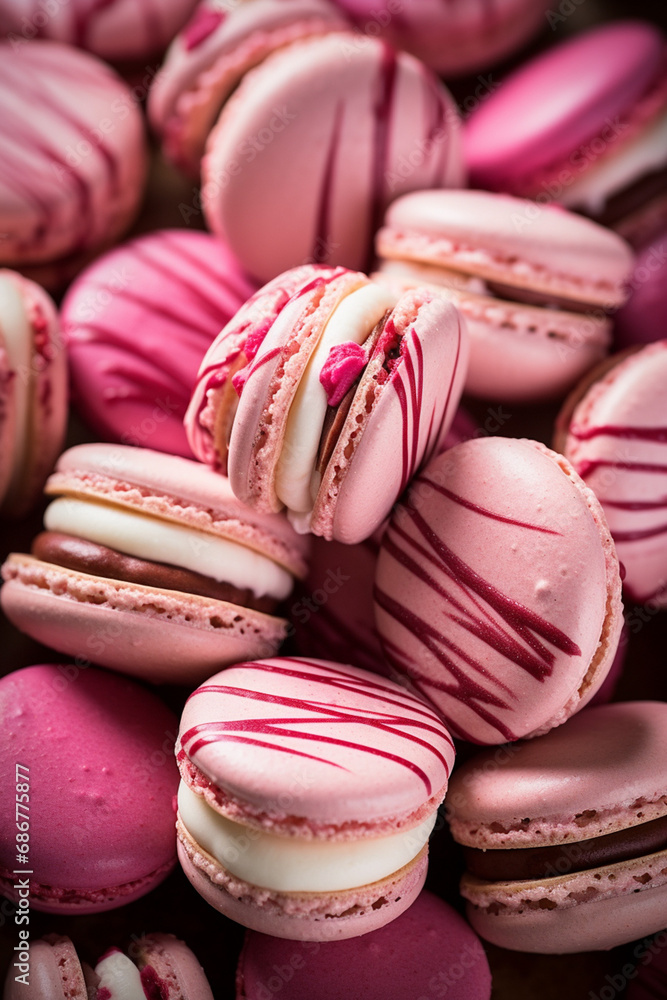 pink and white striped macaroons on a white surface, in the style of dark red and light crimson, monochromatic created with Generative Ai pink and white striped macaroons on a white surface, in the style of dark red and light crimson, monochromatic created with Generative Ai