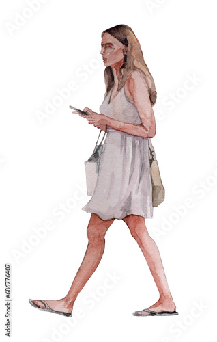 Isolated walking woman in watercolor illustration on white or transparent background, suitable for architectural presentation, hand-painted.