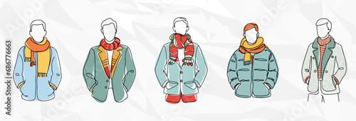 Lebendige Winterpracht: Bundle mit Männern in bunten Winterjacken und Schals als künstlerische Lineart-Illustrationen